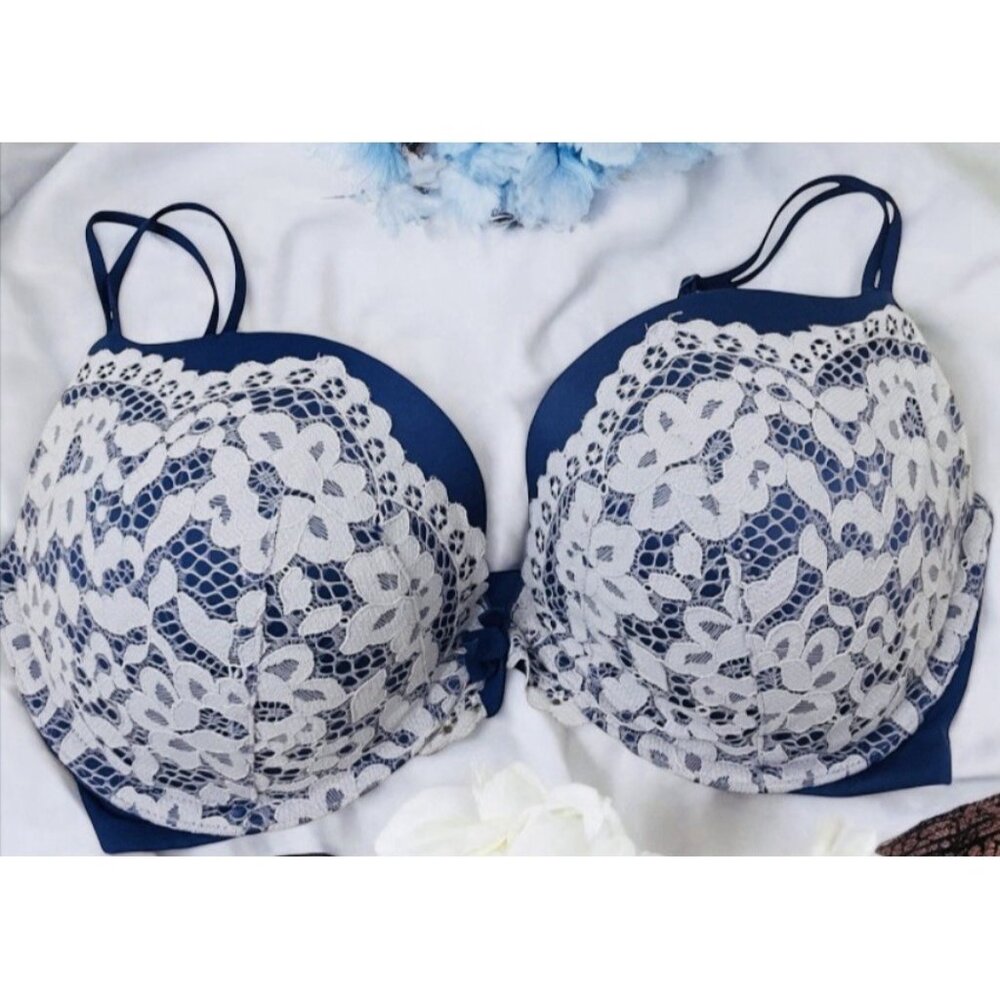 Victorias Secret Lace Very Sexy Balconet Bra Women Size 34DD White Blue Push Up